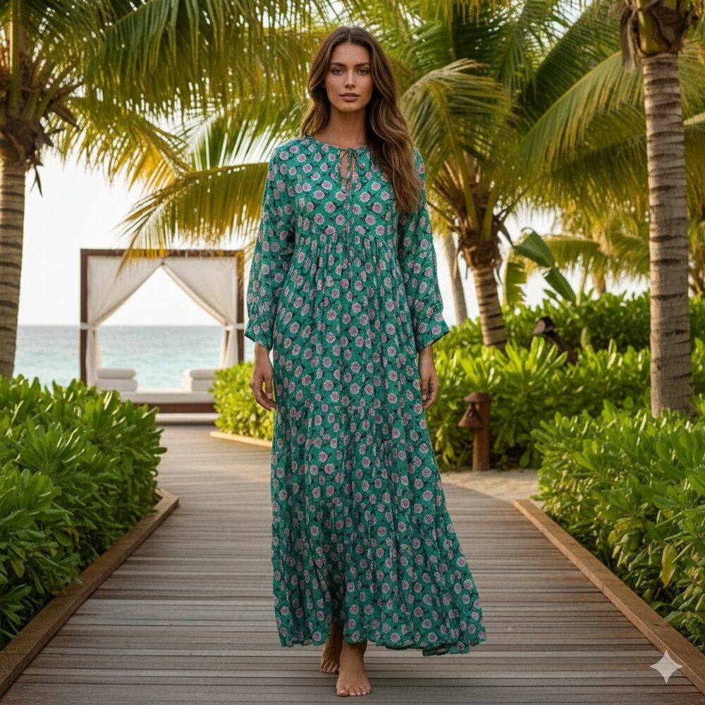 Boutique Floral Pale Green Pink Rose Cottagecore Maxi M
